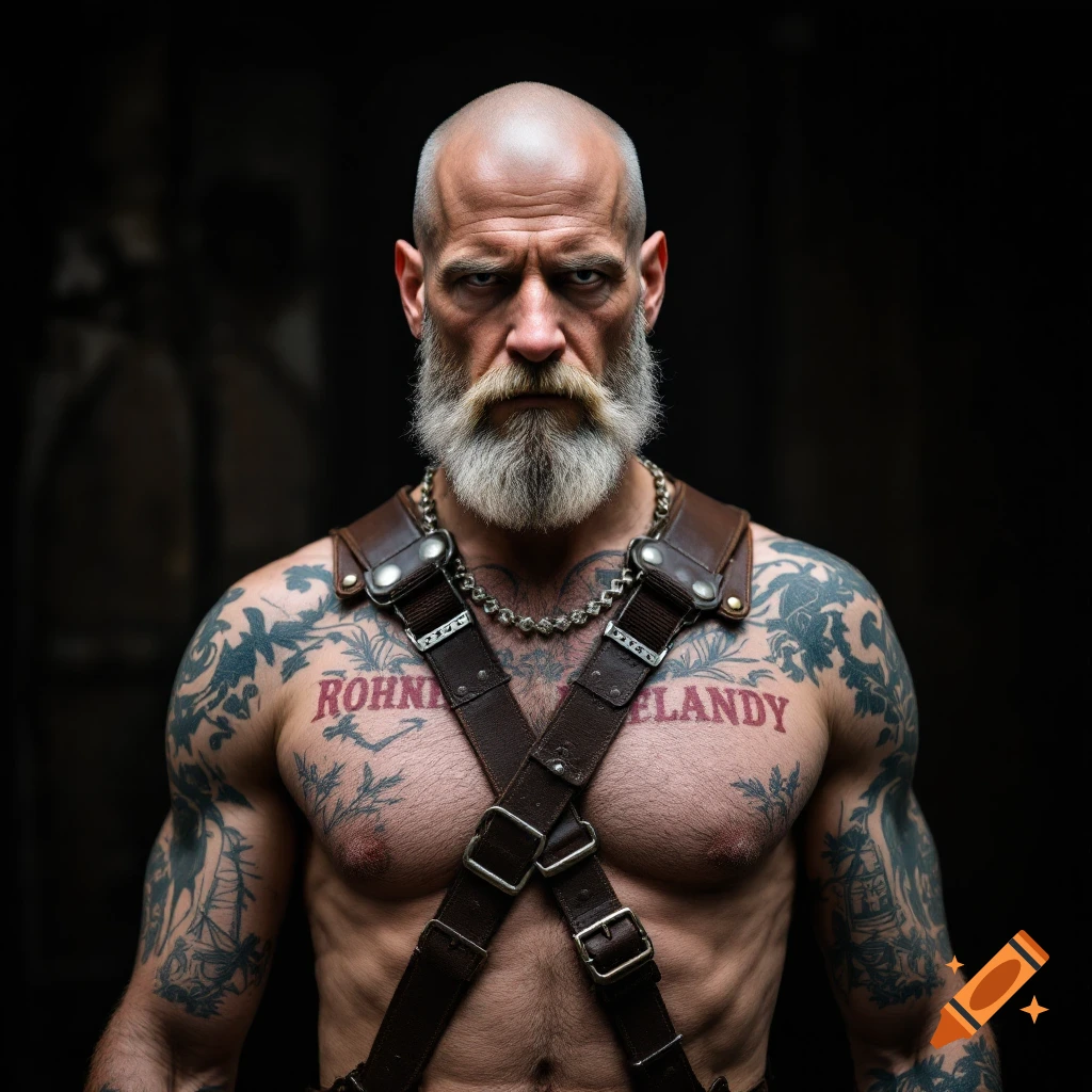A bald, bearded man with tattoos and a leather harness.