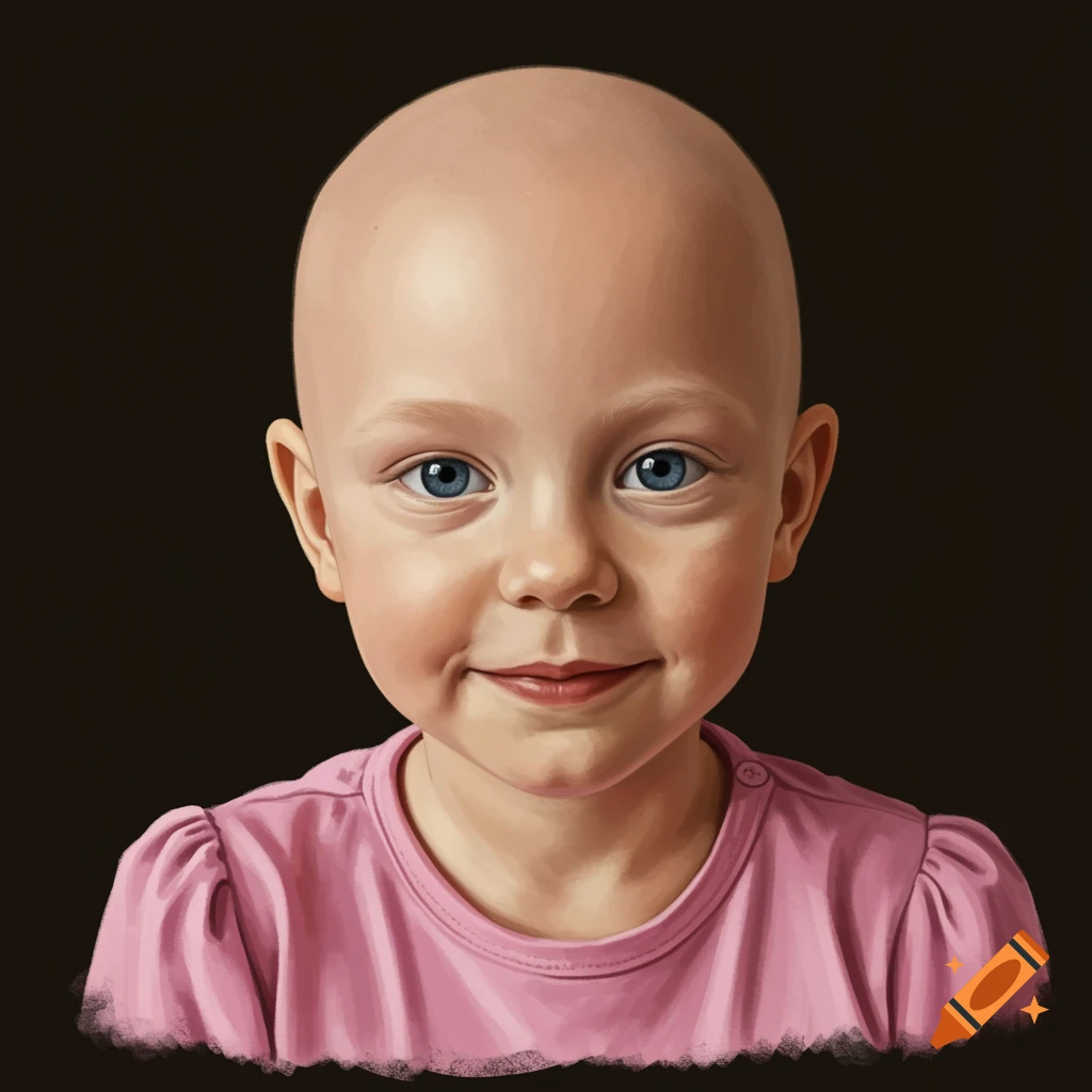 A bald young child wears a pink shirt.