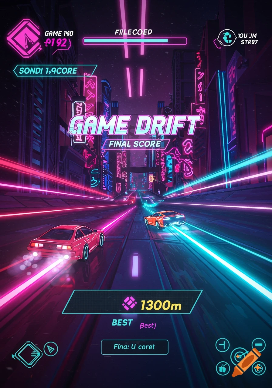 A synthwave-style video game UI showing two cars racing on a neon-lit road in a city at night.