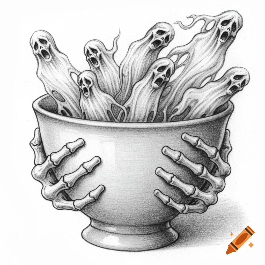Pencil drawing of skeletal hands holding a bowl from which ghosts emerge.