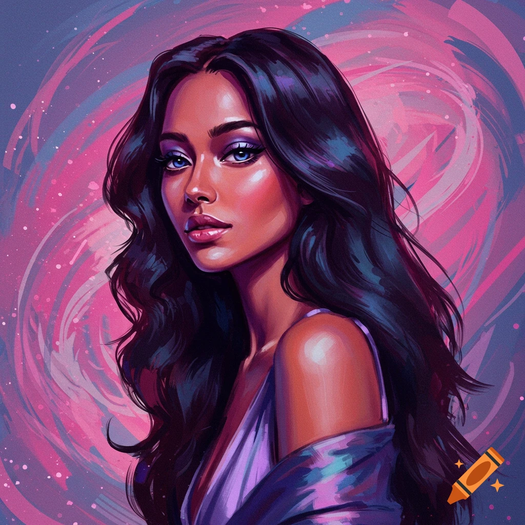 Portrait illustration of a woman with dark hair and blue eyes against a swirling pink and purple background.