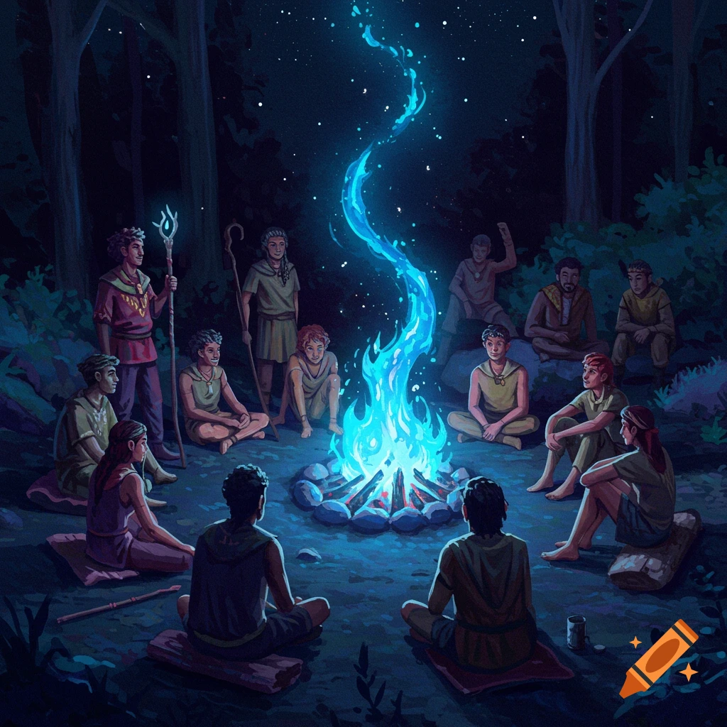 People around a blue campfire with one standing