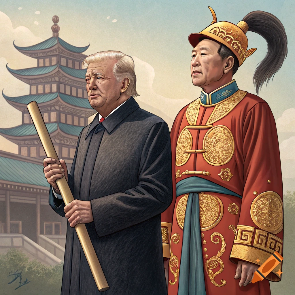 Portrait of two figures resembling Donald Trump and Joe Biden in traditional and modern attire before a pagoda.