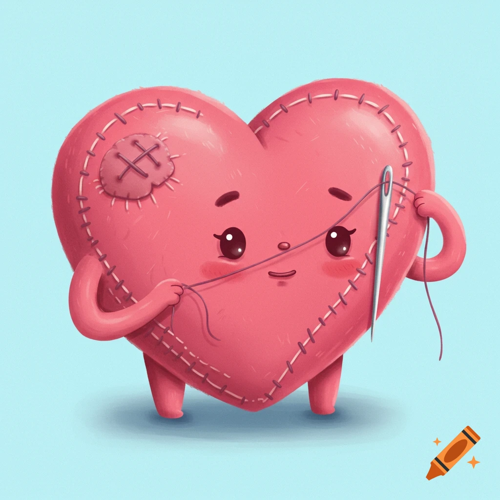 Cute pink cartoon heart character sewing a patch onto itself.