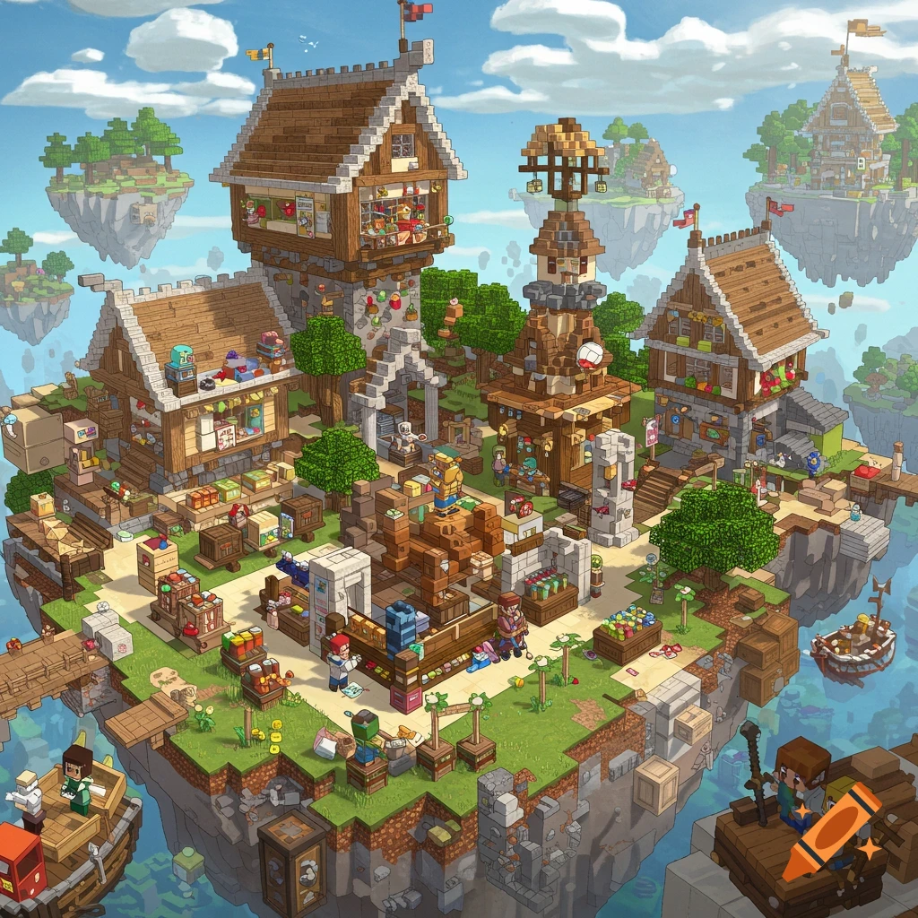 Blocky floating island with buildings and characters in a pixelated style