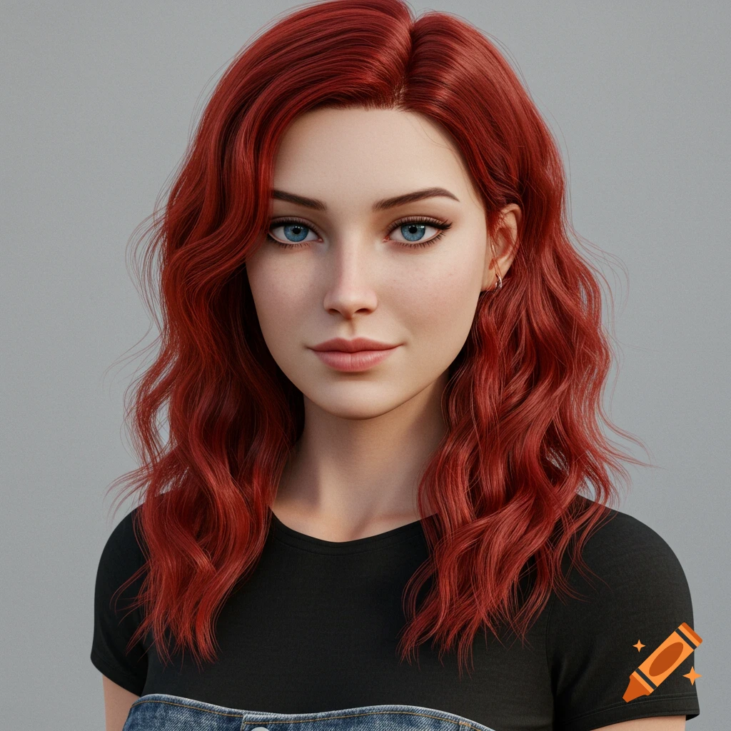 Portrait of a young woman with long wavy red hair and blue eyes, wearing a black shirt and denim.