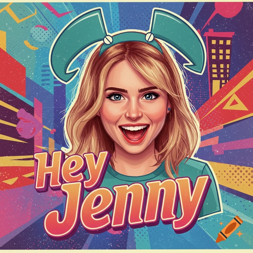 Illustration of a woman smiling with text Hey Jenny over a colorful background.