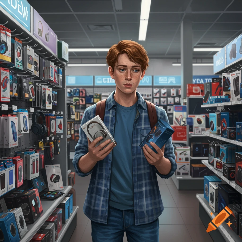 A young man (student) looks at products in an electronics store aisle.
