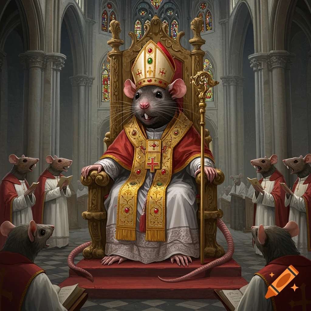 Rat dressed as pope on throne in church, surrounded by rats in robes reading books. Painted style.