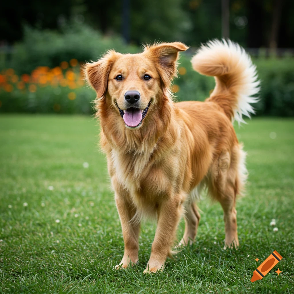 A happy golden-brown dog stands in green grass with a park background.