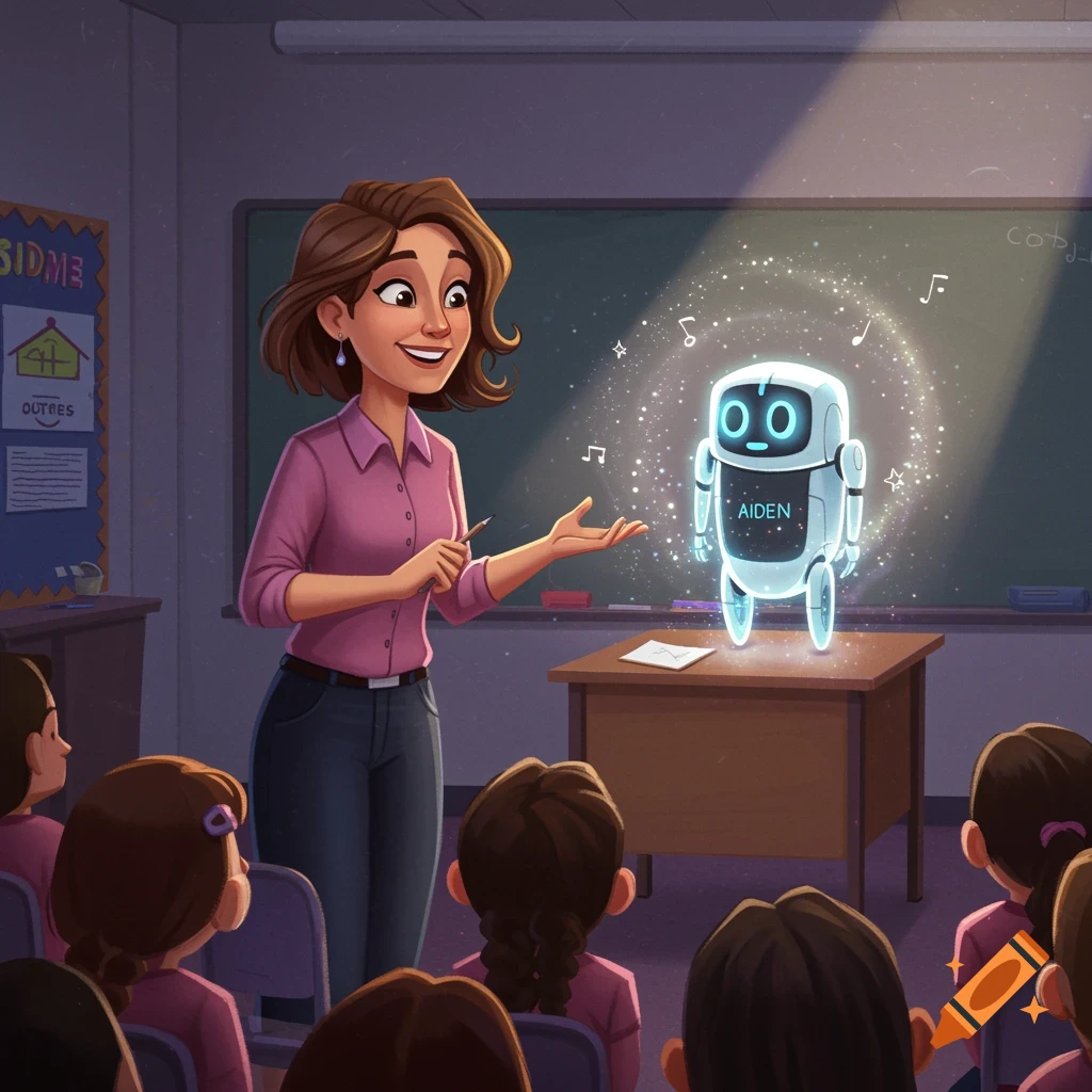 A teacher introduces a glowing robot named Aiden to a class of students in a storybook illustration style.