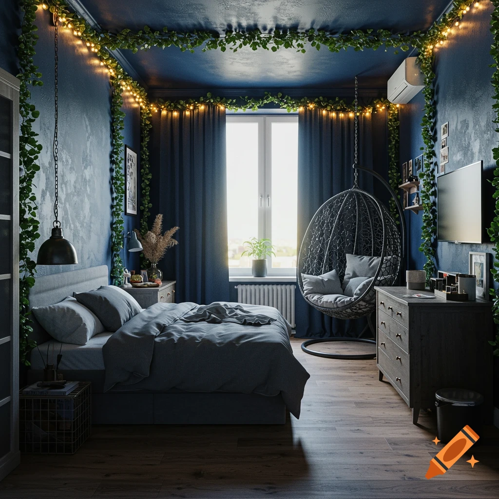 A bedroom with navy blue walls, vines, string lights, a bed, hanging chair, and TV.