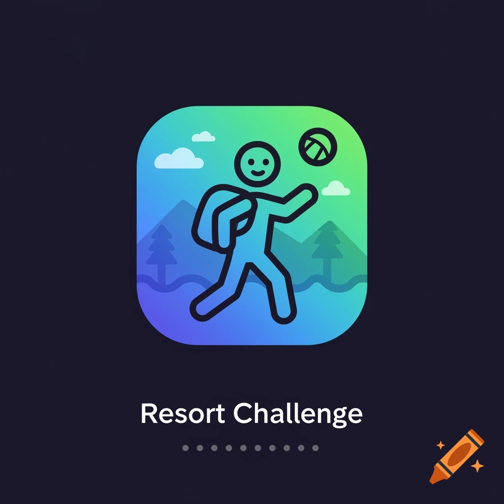 Stylized app icon with a person hitting a volleyball, set against a mountain and tree background. Text below reads "Resort Challenge".