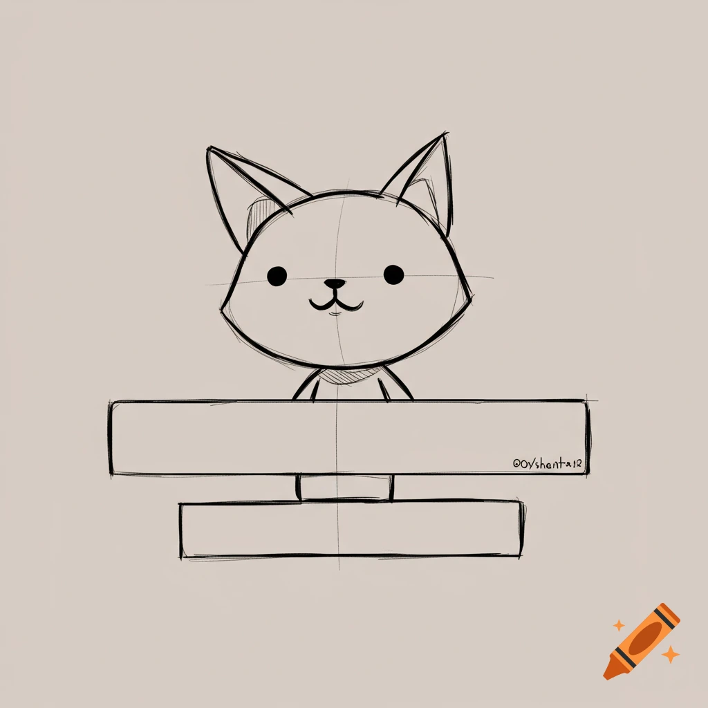 A simple black and white sketch of a cartoon cat peeking over two rectangular shapes.