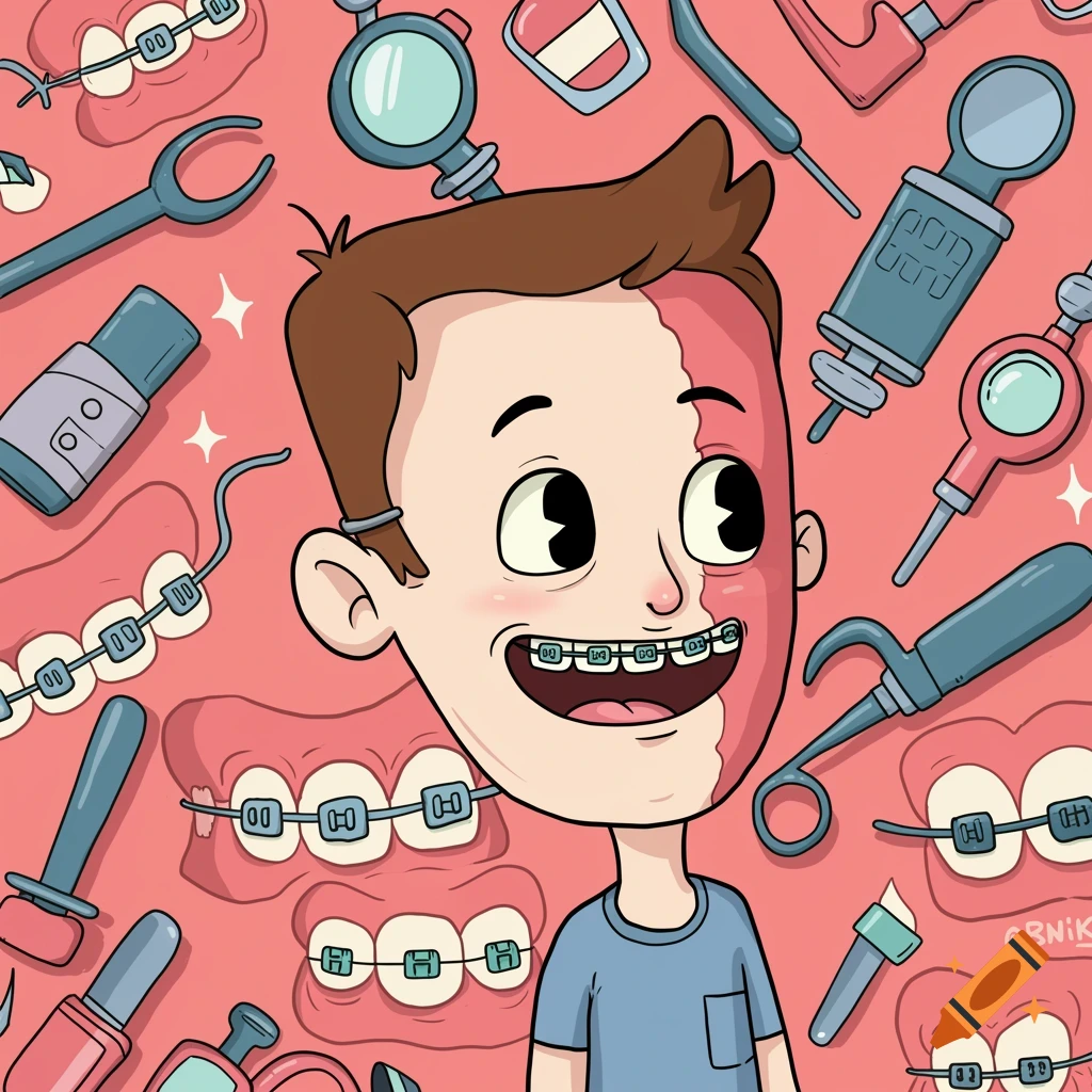 Cartoon illustration of a boy with braces surrounded by mouths with braces and dental tools