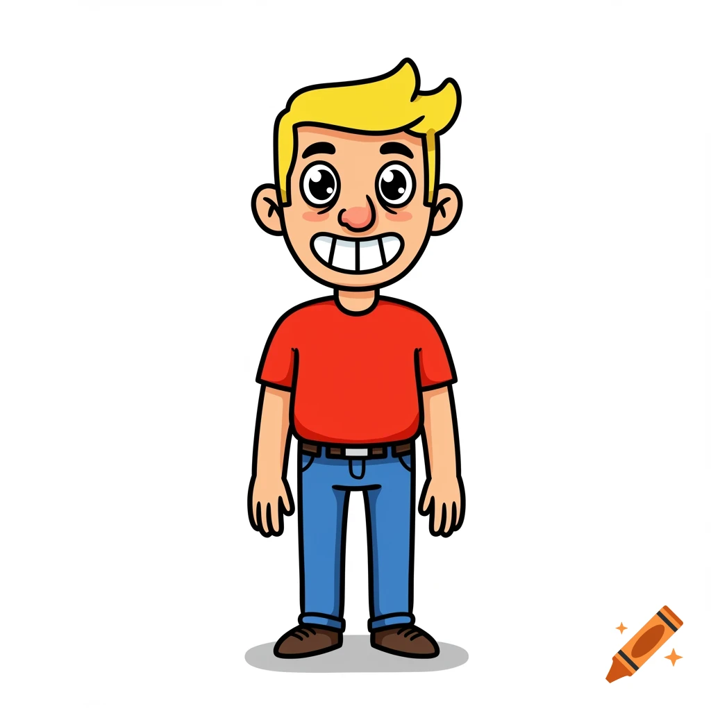A simple cartoon drawing of a man wearing a red shirt and blue jeans.