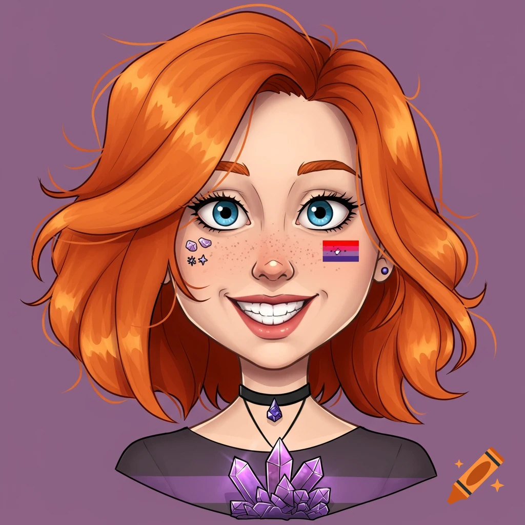 Cartoon of a happy red-headed bisexual girl named Sadie with tarot cards and crystals