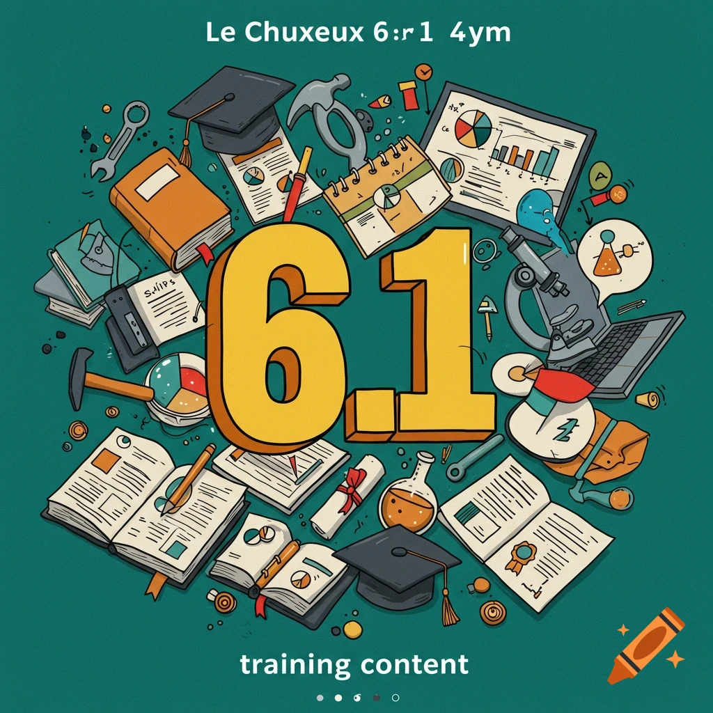 An illustration featuring large yellow numbers 6.1 surrounded by books, microscope, graduation cap, charts, and tools on a green background.