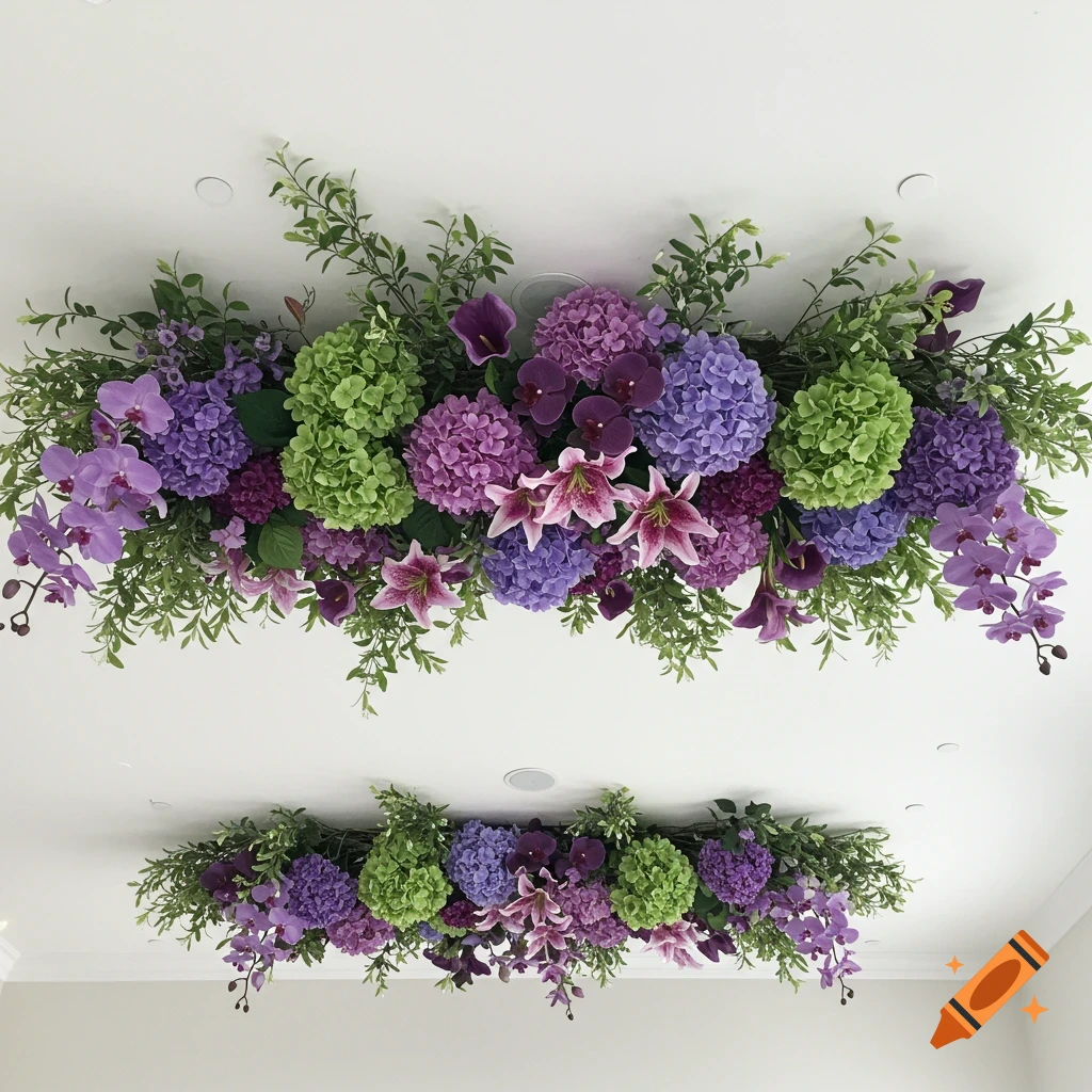 A floral installation on a white ceiling featuring purple and green hydrangeas, lilies, orchids, and greenery.