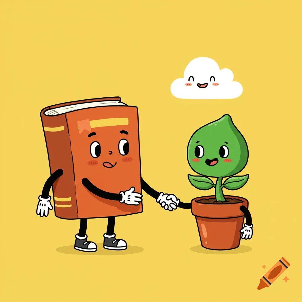 A cartoon book character and a plant character shaking hands in rubber hose style.