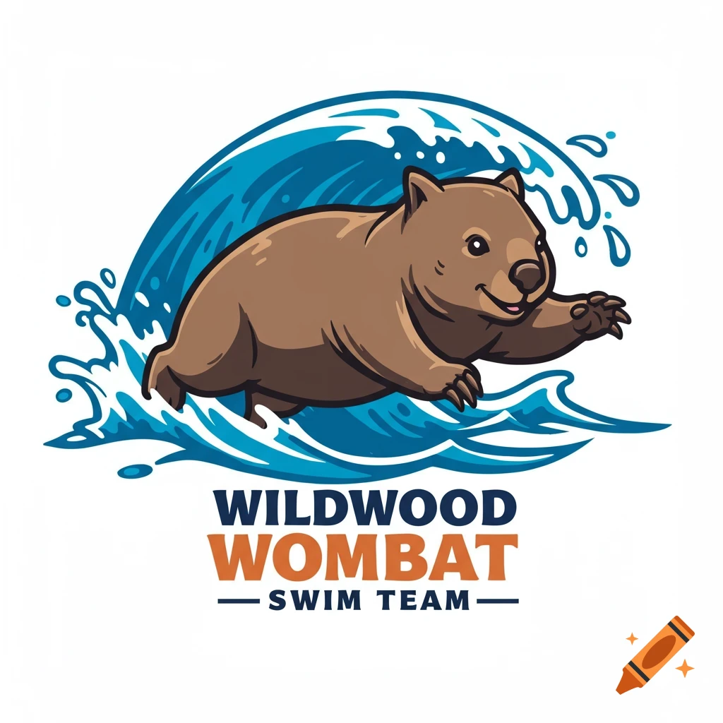 Cartoon illustration logo of a wombat swimming in blue waves with the text Wildwood Wombat Swim Team below.