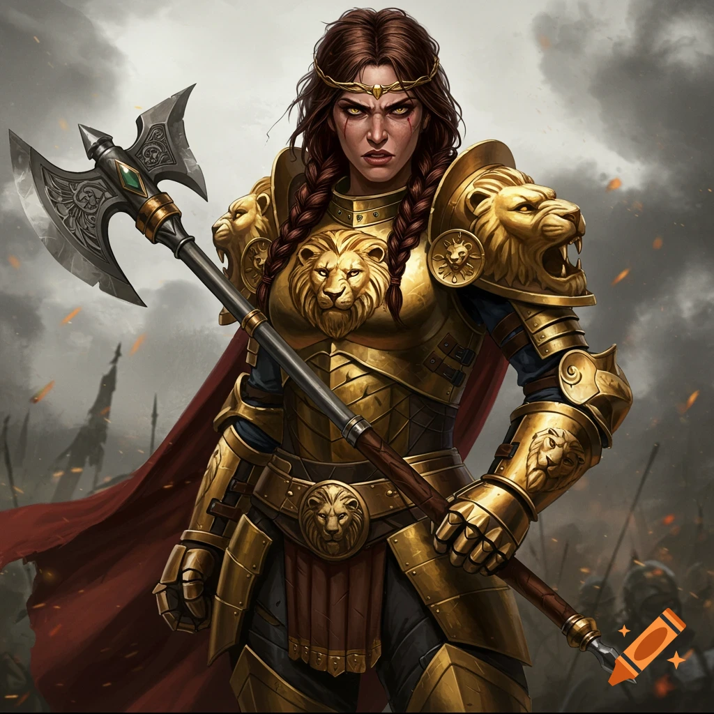 A female warrior in ornate golden armor with lion motifs stands in a battlefield, holding a large axe.