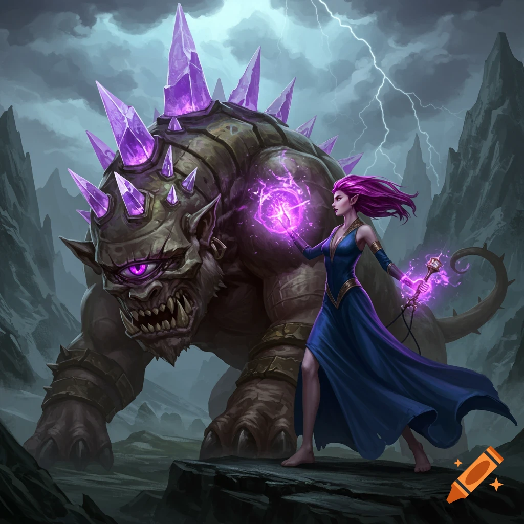 A fantasy illustration of a sorceress battling a large cyclops monster with purple crystals on its back in a stormy landscape.