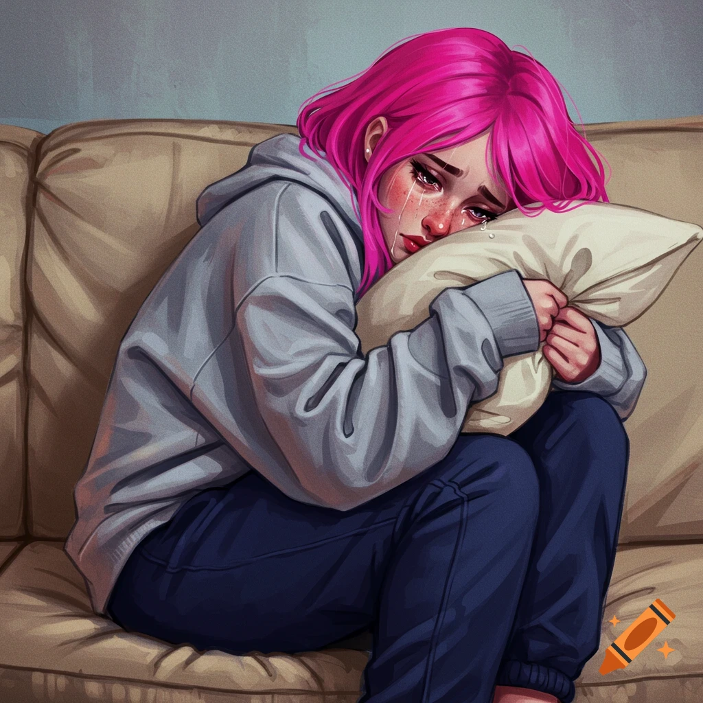 Anime-style illustration of a sad person with pink hair crying on a couch, hugging a pillow.