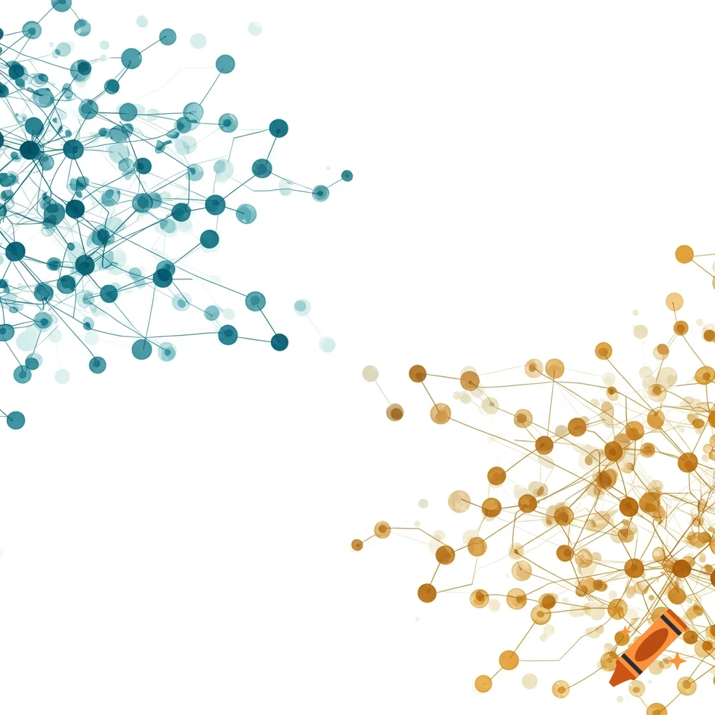 Abstract illustration of two networks, one blue and one orange, connected by lines and dots on a white background.