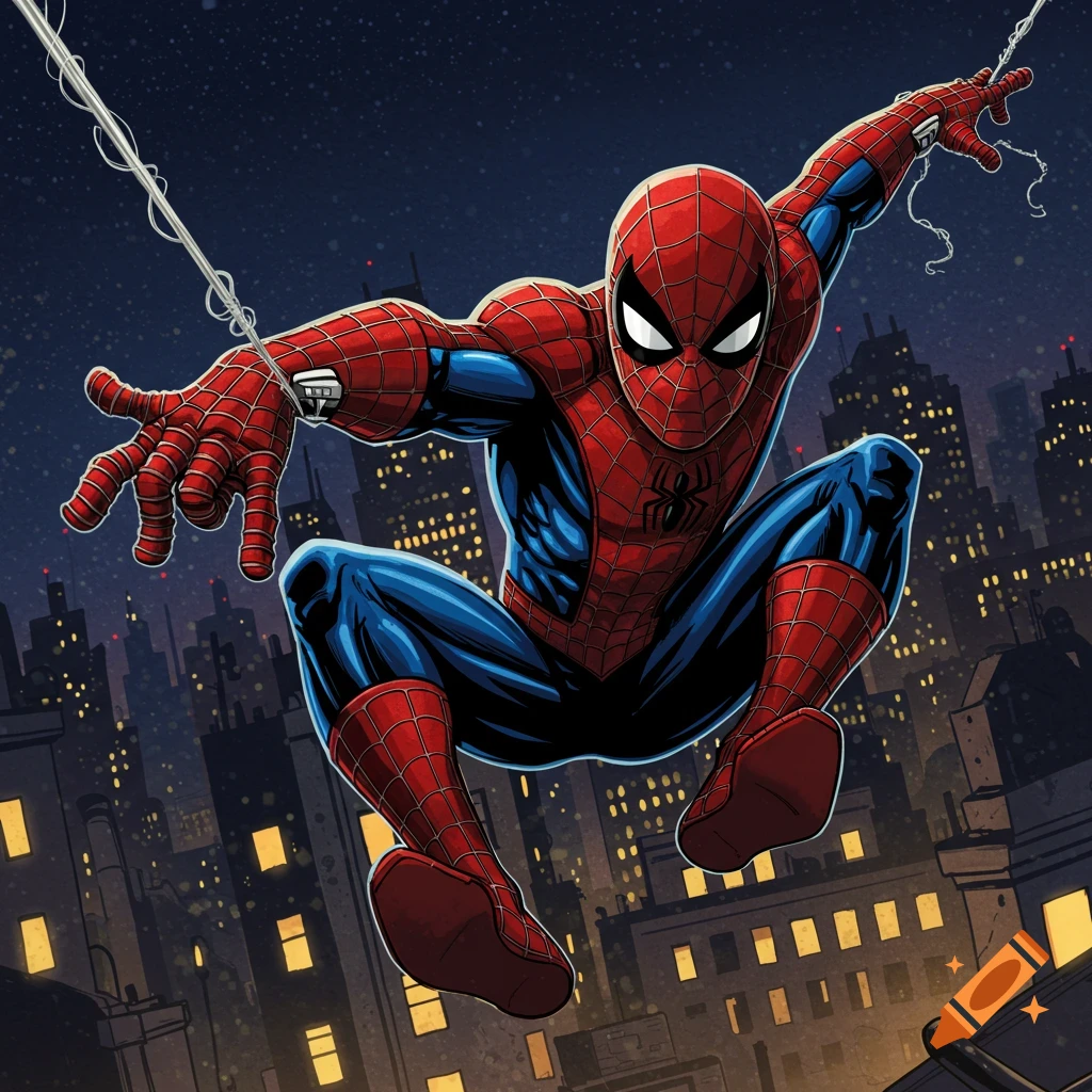 Spiderman swinging above a city at night in a comic book style.