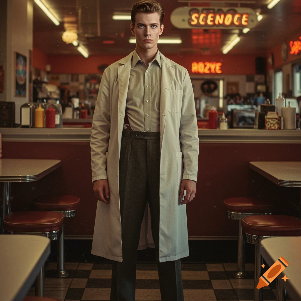 Tall man with blonde hair, blue eyes, wearing a lab coat and retro clothing stands in a vintage diner. Photorealistic.