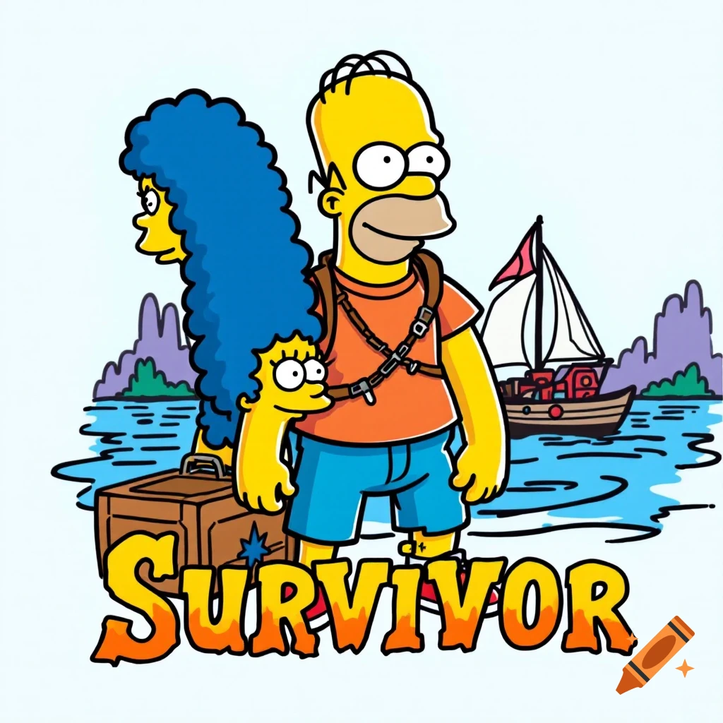 Cartoon of Homer Simpson and other figures standing near a large 'SURVIVOR' logo with a sailboat in the background.