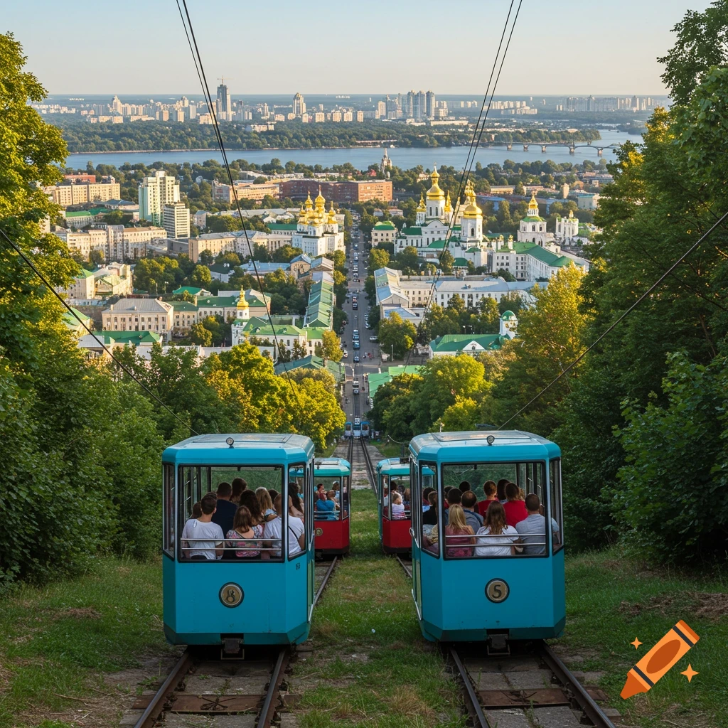Photorealistic image of blue funicular cars ascending a hill overlooking the Kyiv cityscape with golden domes.