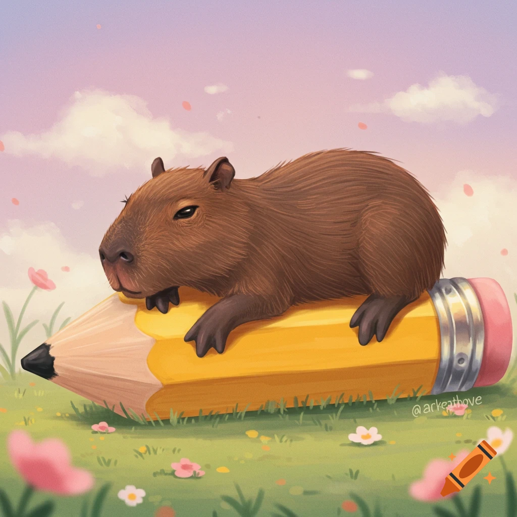 A capybara rests on a large yellow pencil in a field with flowers under a pink and purple sky.