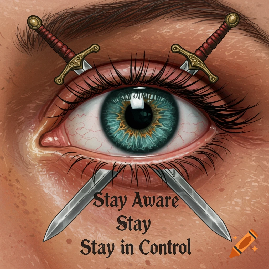 Close-up illustration of an eye with crossed swords and the text 'Stay Aware Stay Stay in Control'.