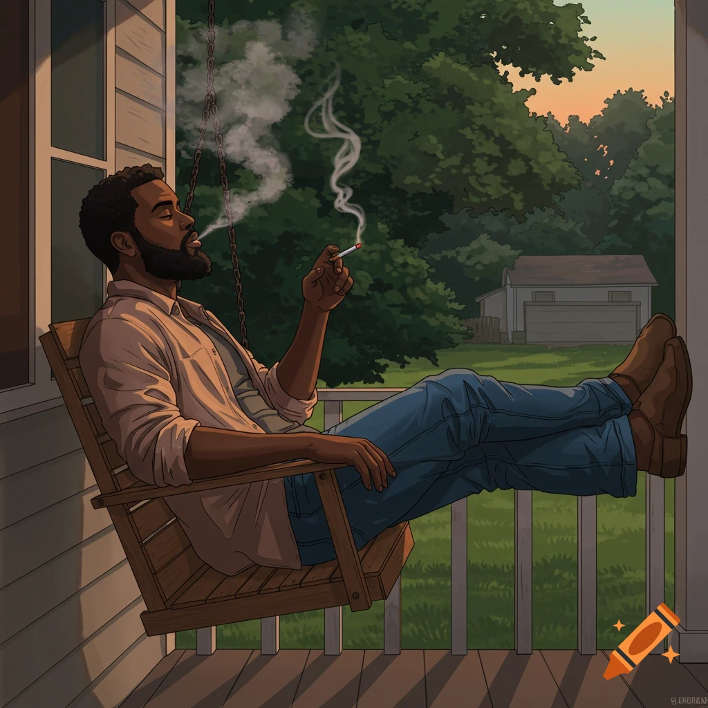 Illustration of a man sitting on a porch swing and smoking at dusk.