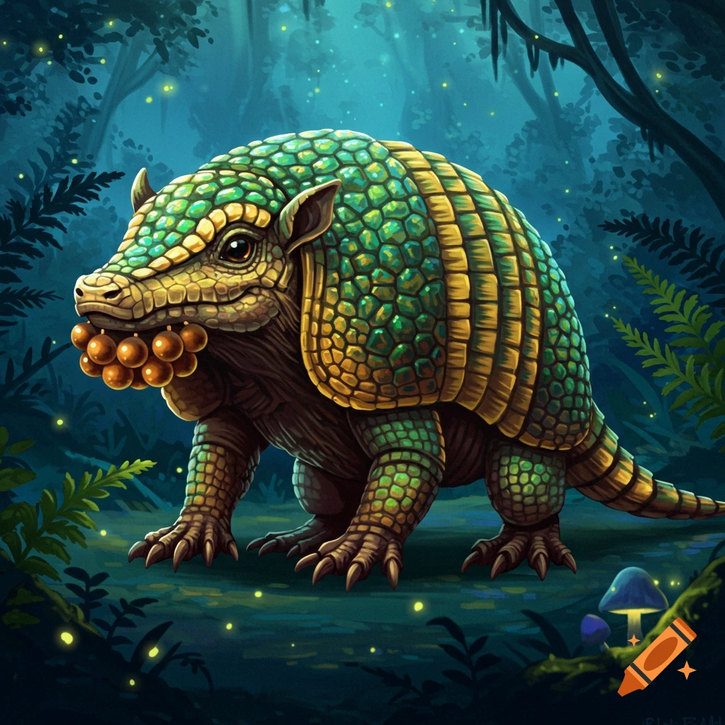 Illustrative fantasy creature combining armadillo and crocodile features, holding berries in a glowing forest
