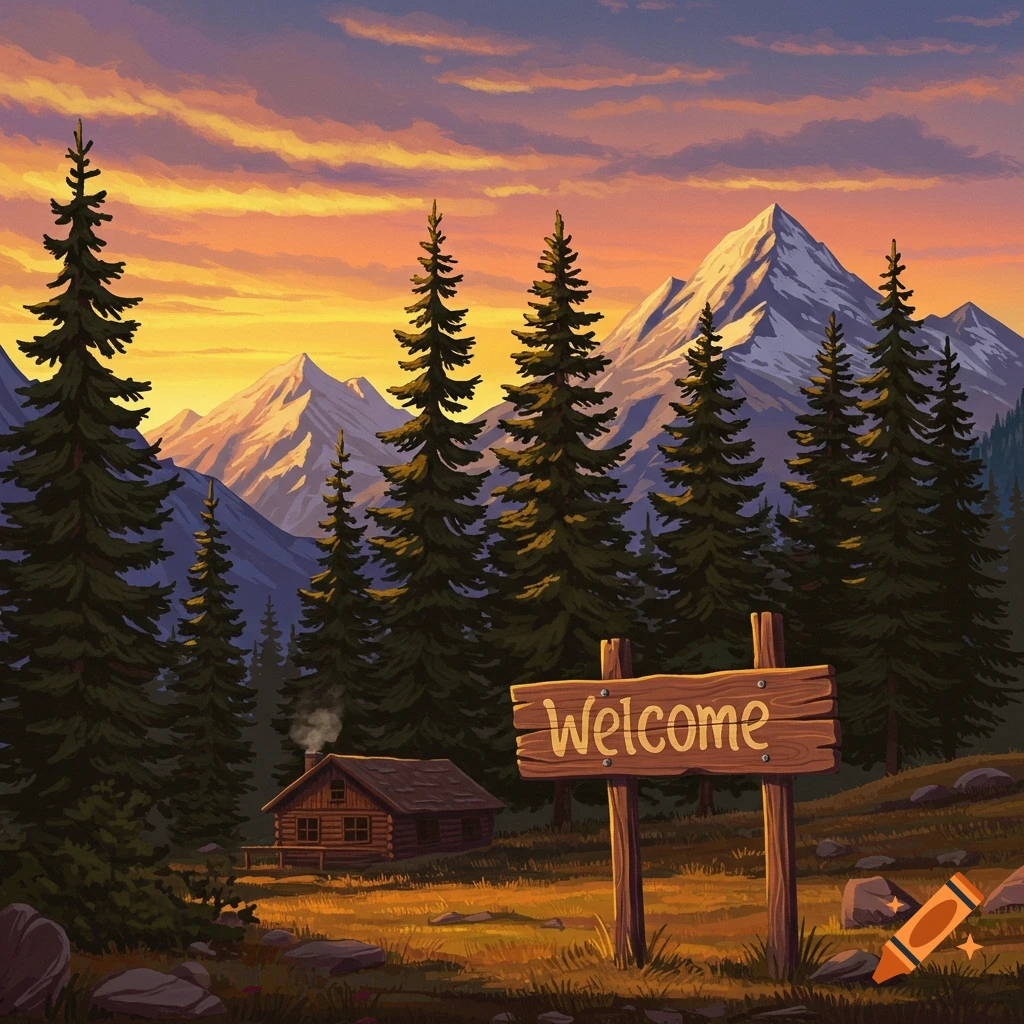 Illustration of a mountain landscape with pine trees, a cabin, and a sign reading Welcome