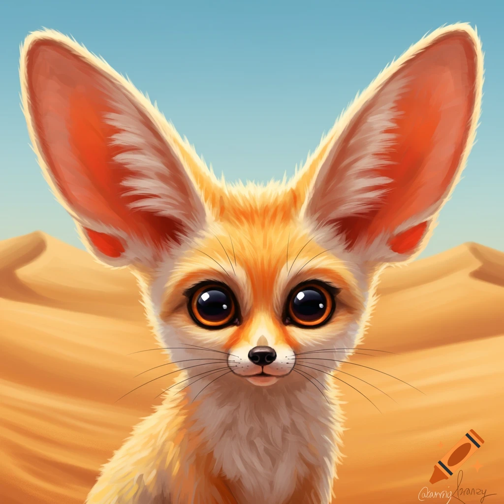 An illustration of a cute fennec fox with big ears in a desert.