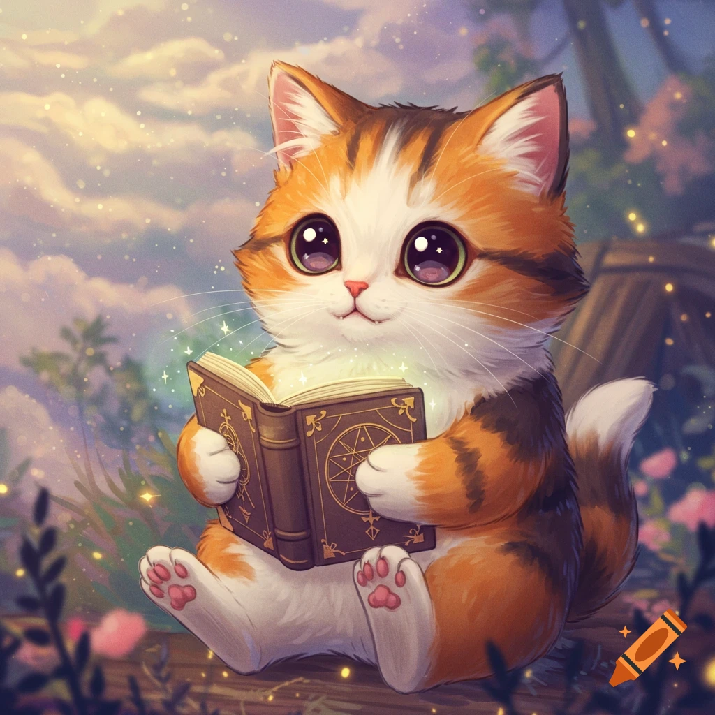Cute illustrated calico cat reading a magical book in a garden.