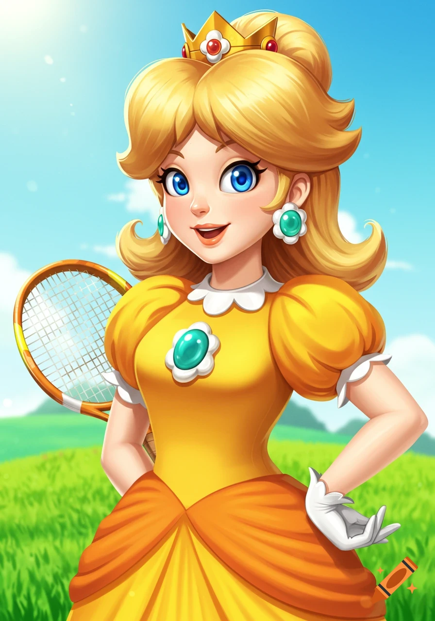 Illustration of Princess Daisy holding a tennis racket in a field, smiling.