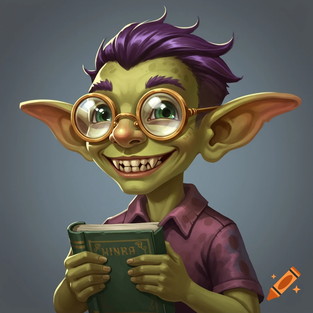 A smiling green goblin with big ears and spectacles holds a green book.