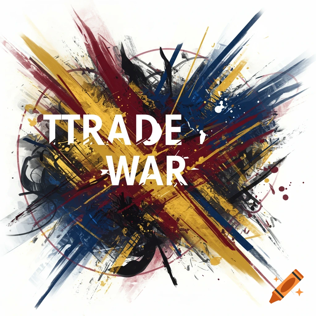 Abstract painting with radiating red, yellow, and blue brushstrokes and the text TRADE WAR in the center.