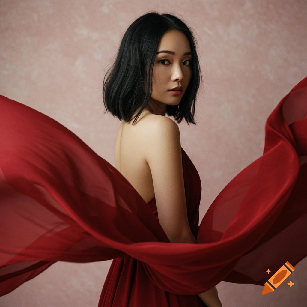 A woman in a red dress looks over her shoulder as flowing fabric surrounds her.