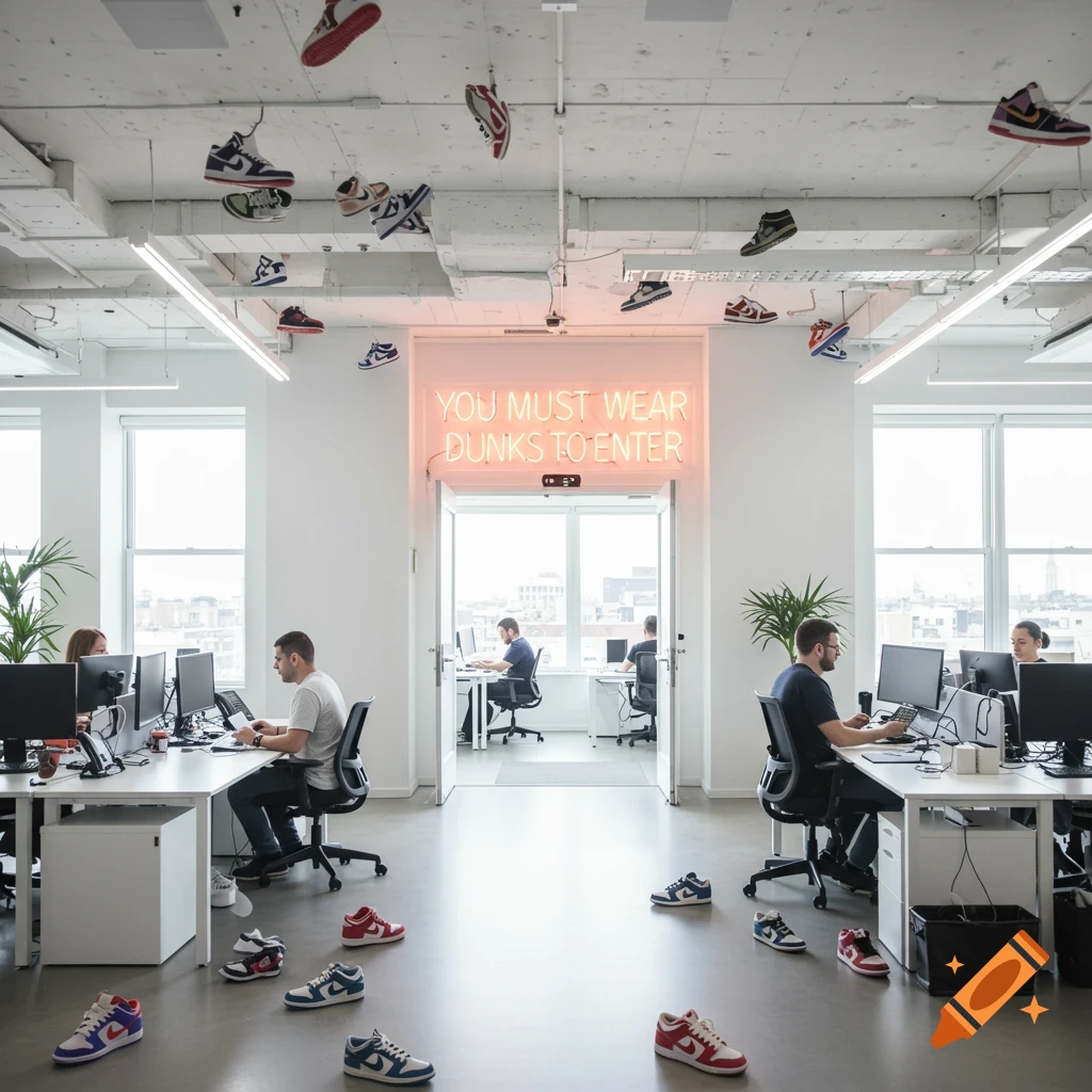 An office interior decorated with many sneakers hanging from the ceiling and scattered on the floor, with people working at desks and a neon sign above a door reading "YOU MUST WEAR DUNKS TO ENTER".
