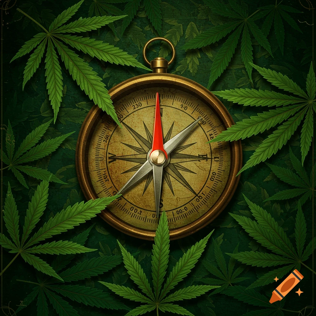 A compass is surrounded by green cannabis leaves against a dark background.