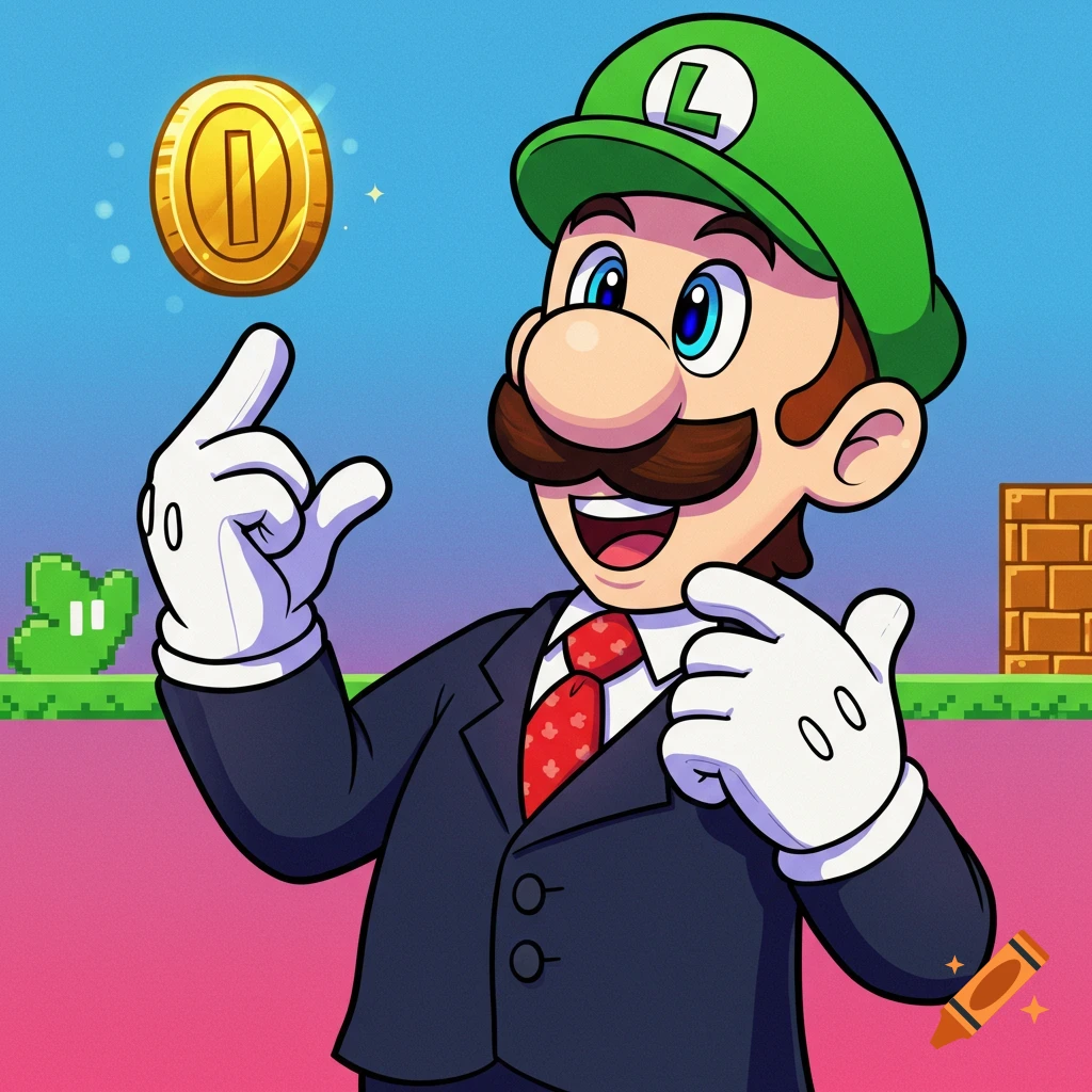Cartoon illustration of Luigi in a suit flipping a gold coin in a pixelated Super Mario game background.