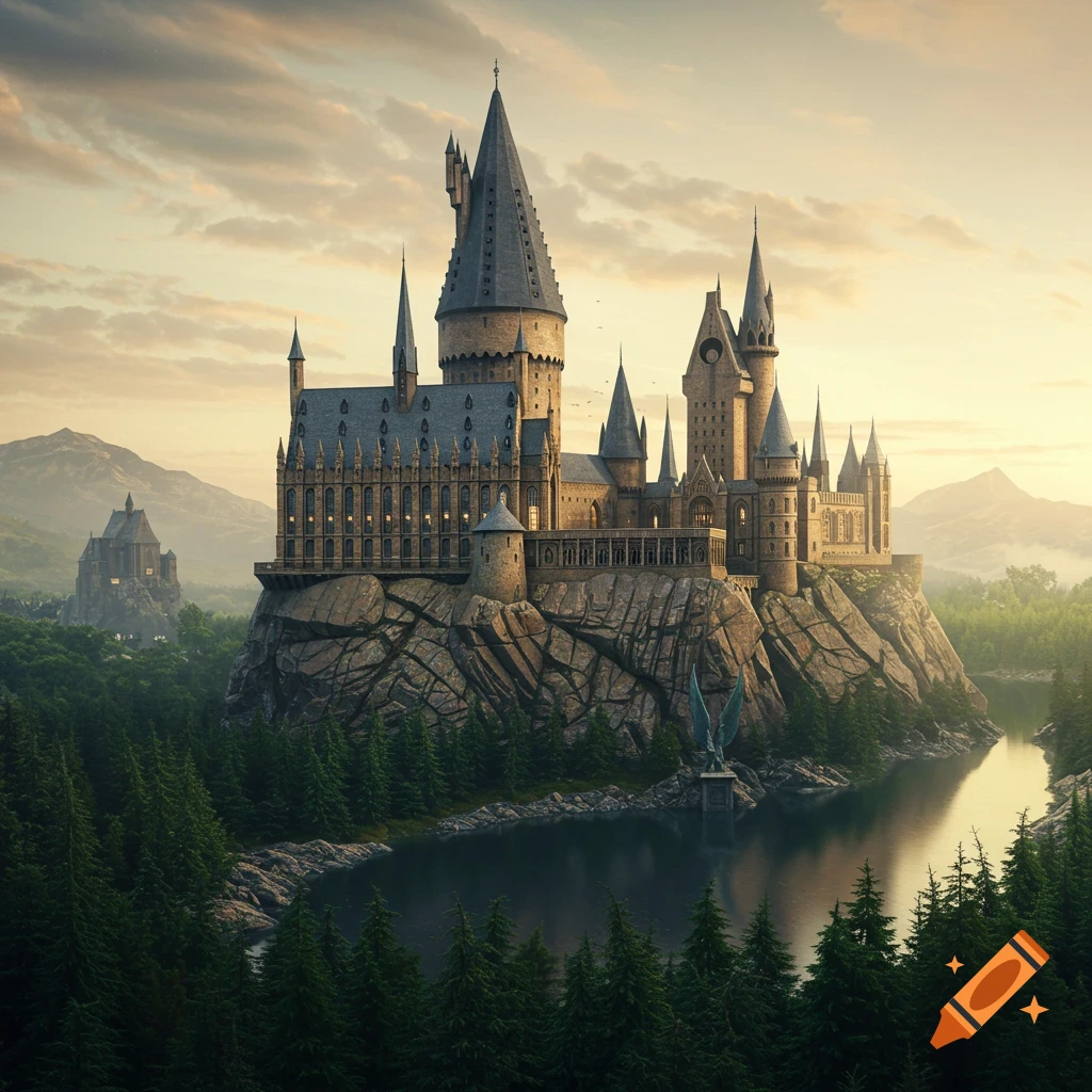 A large castle sits atop a rocky cliff overlooking a lake and forest at sunset.