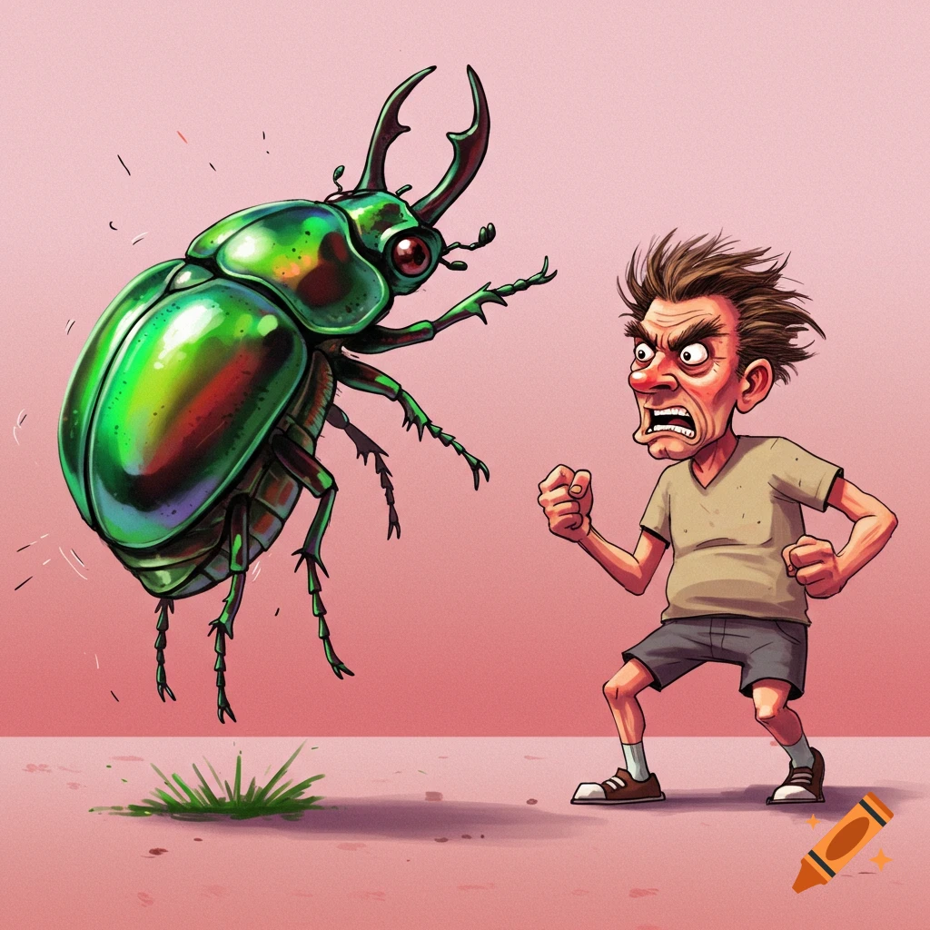 Cartoon illustration of an angry man confronting a large green beetle.
