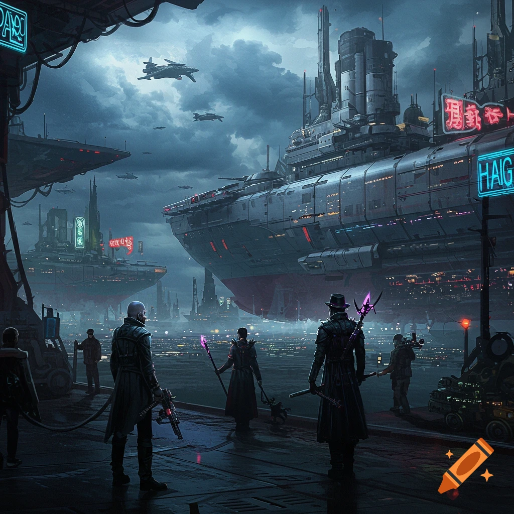A dark, futuristic cityscape with giant spaceships docked, viewed from a platform with figures in dark coats holding weapons. Stormy sky.